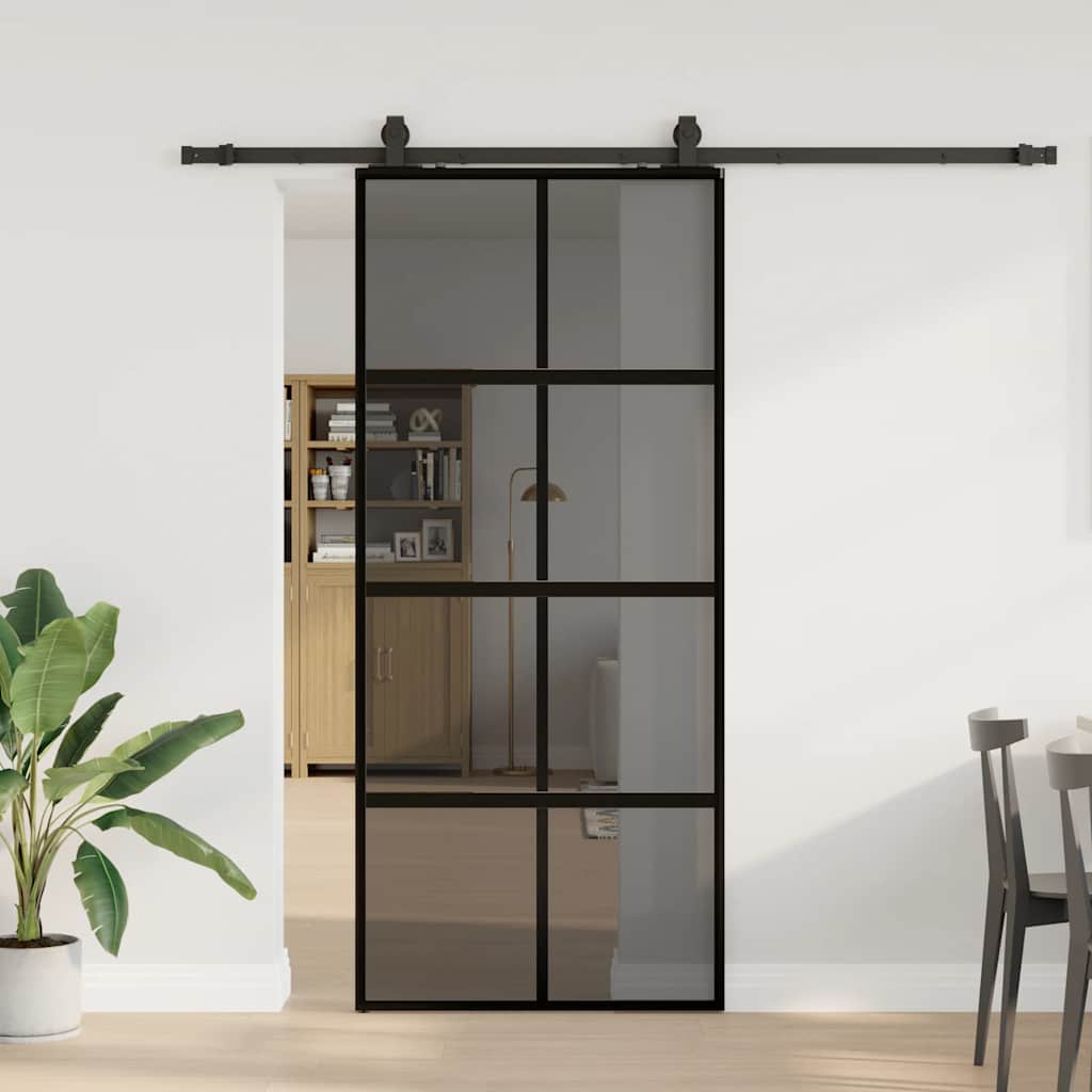 Συρόμενη πόρτα με σετ υλικού Μαύρο 90x205 cm γυαλί μετριασμένο