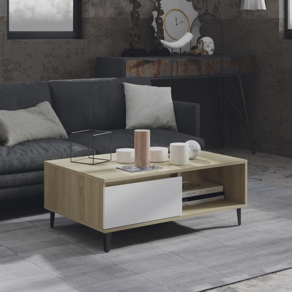 Τραπεζάκι Σαλονιού Λευκό/Sonoma Δρυς 90x60x35 εκ. Επεξ. Ξύλο