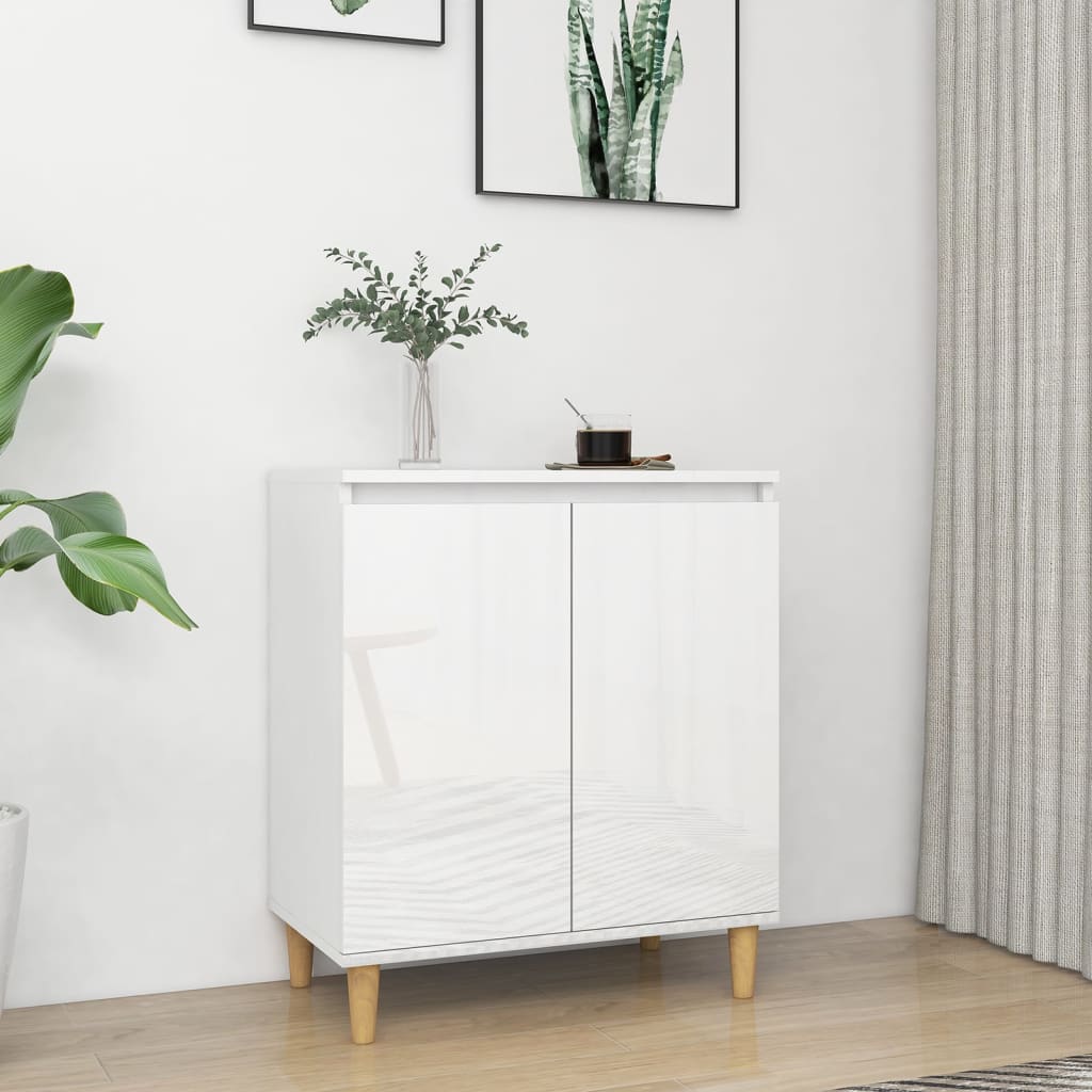 Ντουλάπι Γυαλ. Λευκό 60x35x70εκ. Μασίφ Ξύλινα Πόδια Επεξ. Ξύλο