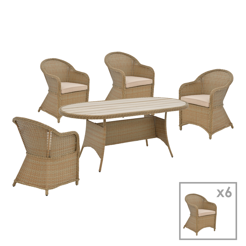 Tραπεζαρία Hadrian-Keir σετ 7τεμ καφέ rattan-μπεζ textilene-καφέ αλουμίνιο 180x90x72εκ