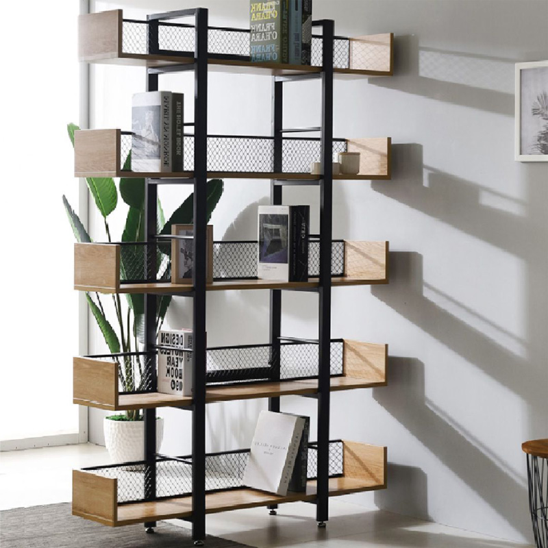 Βιβλιοθήκη Musha μέταλλο μαύρο με oak απόχρωση 120x22x185εκ